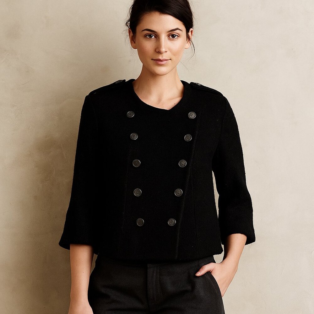 Anthropologie SINE Double-breasted military Jacket DISTRESSED Black wool suit